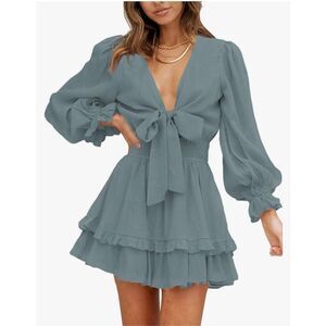 NEW Knot Front V Neck Ruffles Long Sleeve Swing Mini Dress S